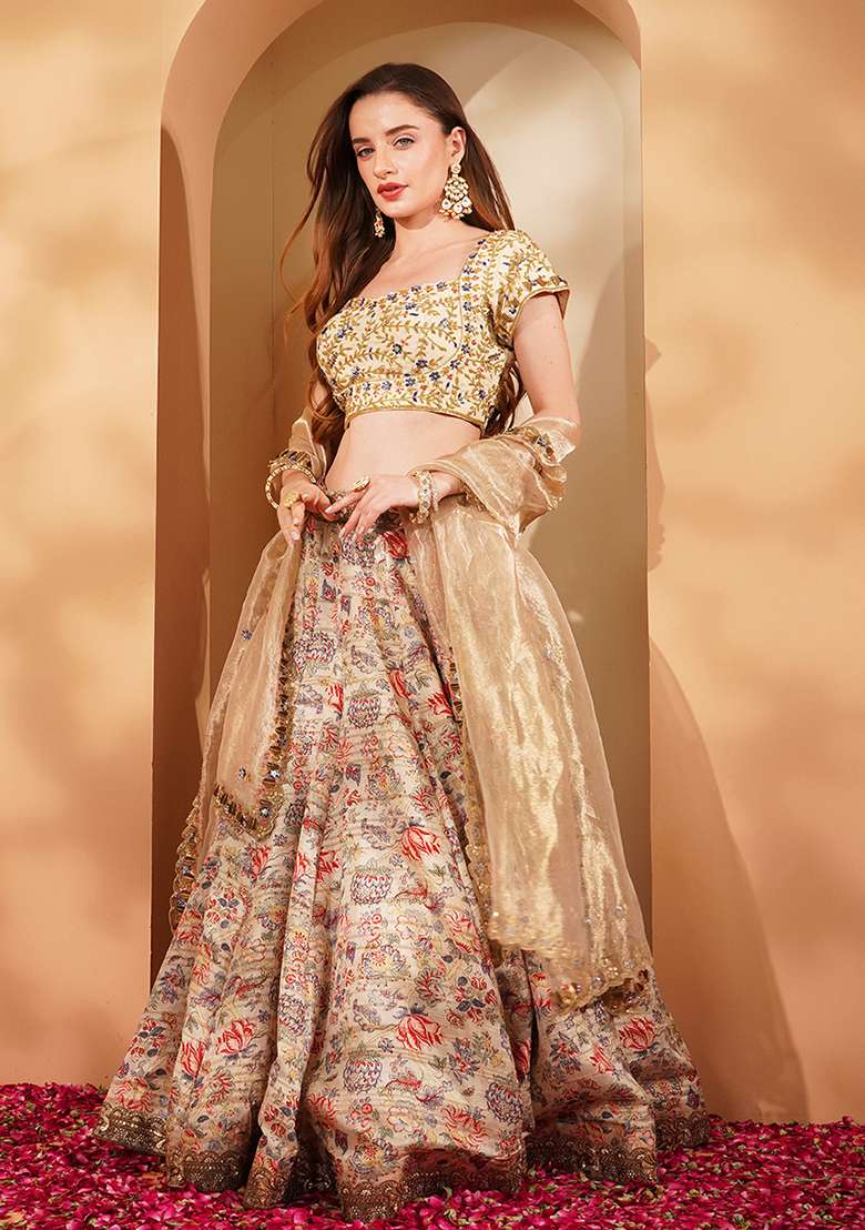 Light Beige Embroidery Silk Blend Lehenga Set - Indya