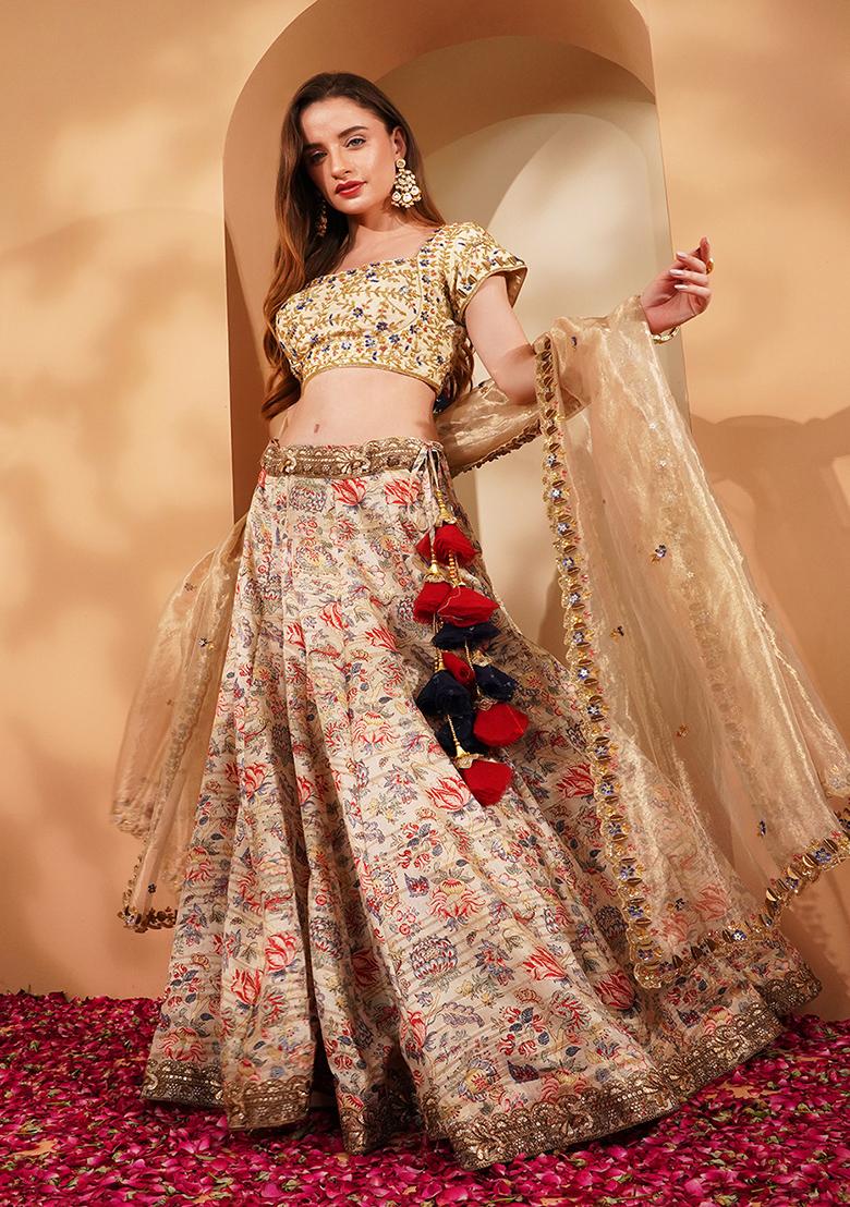 Light Beige Embroidery Silk Lehenga Set - Indya