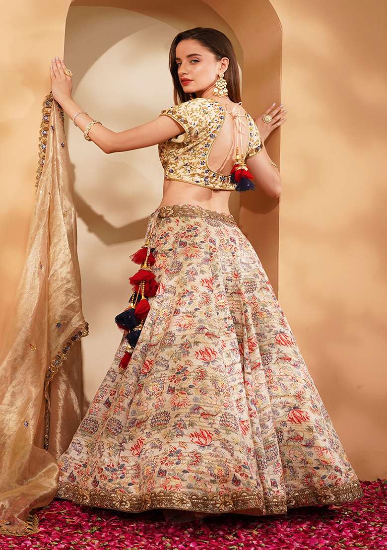 Light Beige Embroidery Silk Blend Lehenga Set - Indya