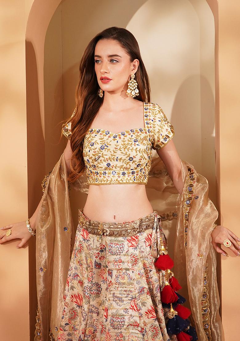 Light Beige Embroidery Silk Lehenga Set - Indya