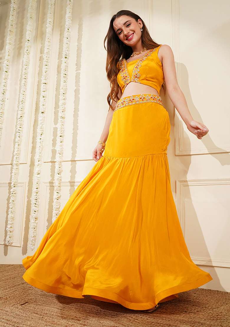 Sea Green Embroidery Silk Blend Lehenga Set - Indya