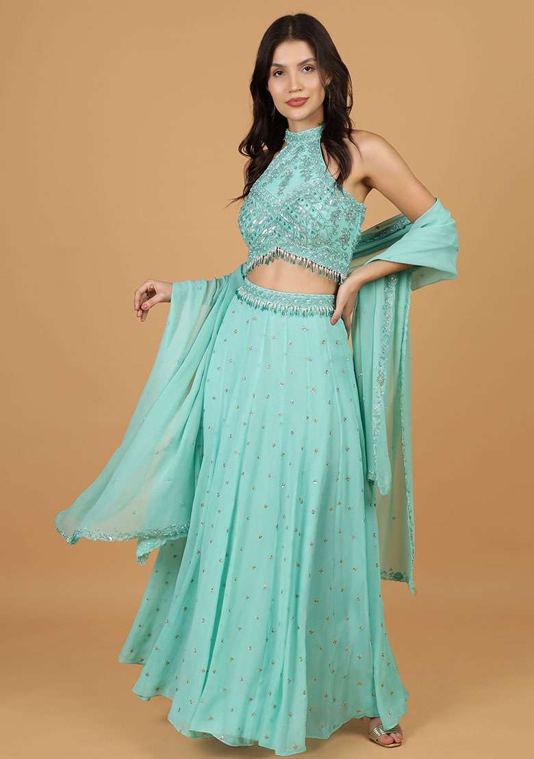 Sea Green Embroidery Silk Blend Lehenga Set - Indya