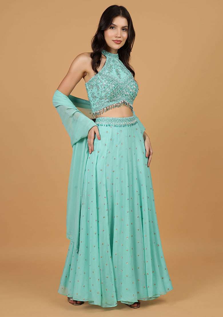 Sea Green Embroidery Silk Blend Lehenga Set - Indya