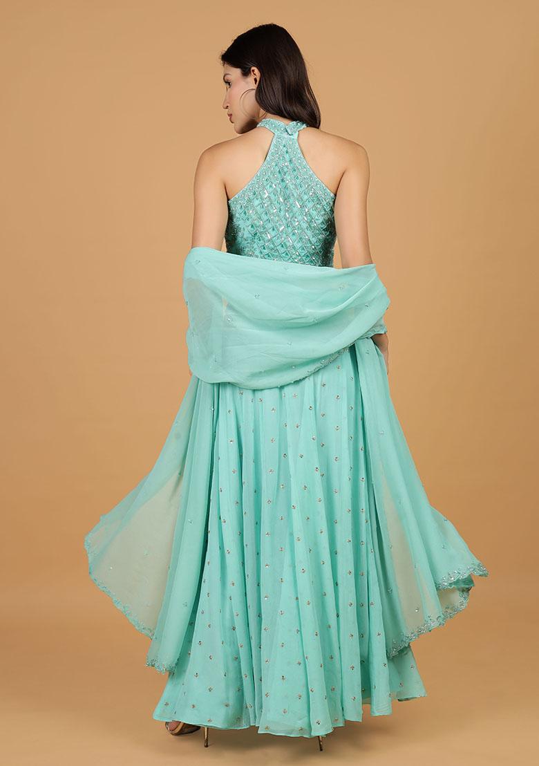Sea Green Embroidery Silk Lehenga Set - Indya
