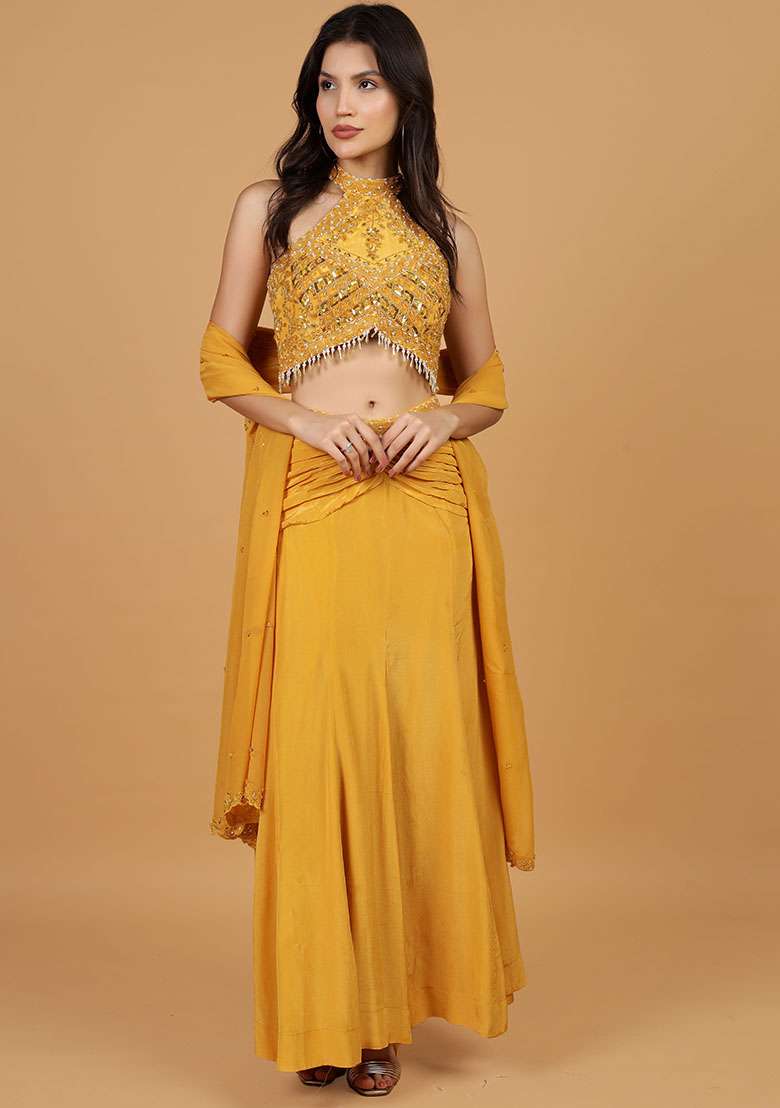 Mustard Embroidery Silk Blend Lehenga Set - Indya