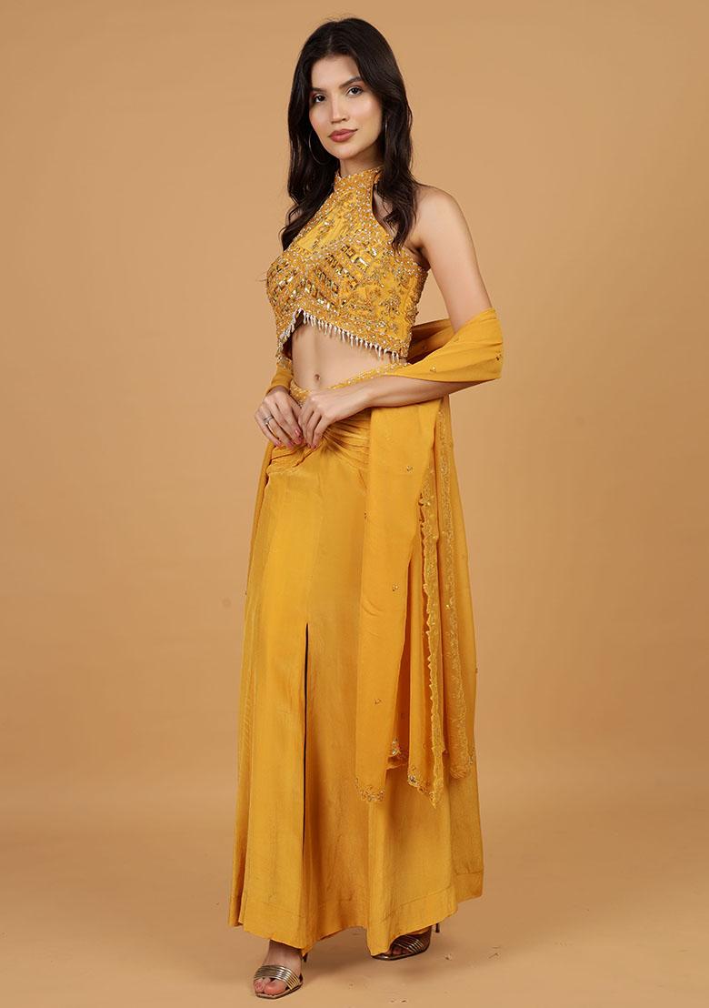 Mustard Embroidery Silk Lehenga Set - Indya