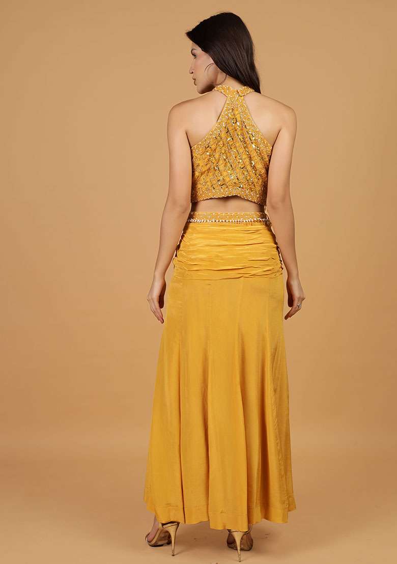 Mustard Embroidery Silk Blend Lehenga Set - Indya