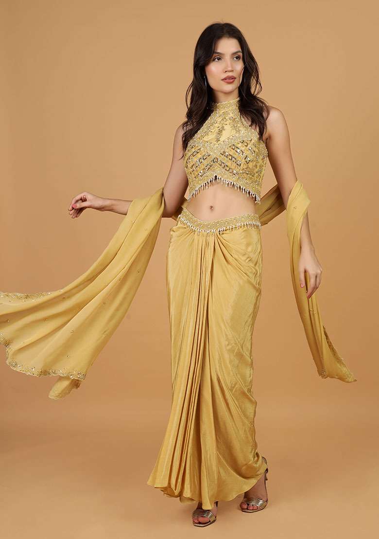 Beige Embroidery Silk Blend Lehenga Set - Indya