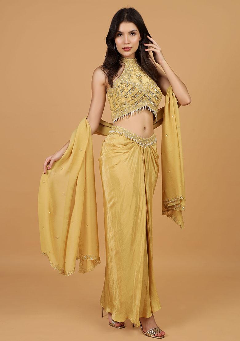 Beige Embroidery Silk Lehenga Set - Indya