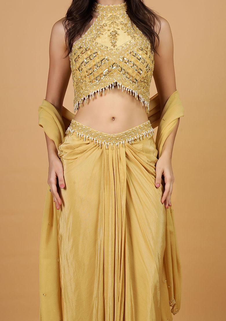 Beige Embroidery Silk Lehenga Set - Indya