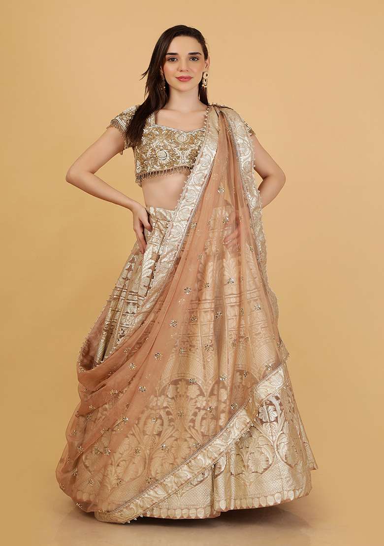 Mocha Brown Embroidery Organza Lehenga Set - Indya