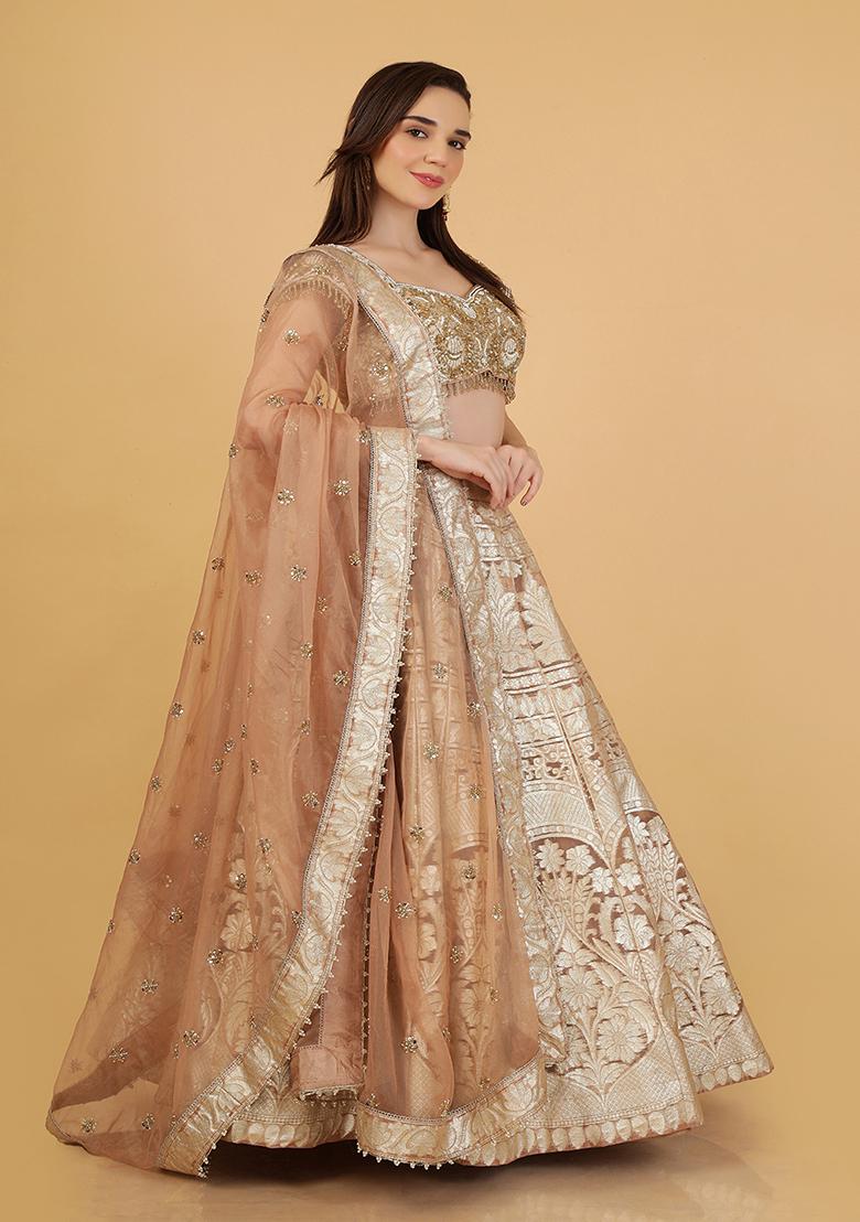 Mocha Brown Embroidery Organza Lehenga Set - Indya