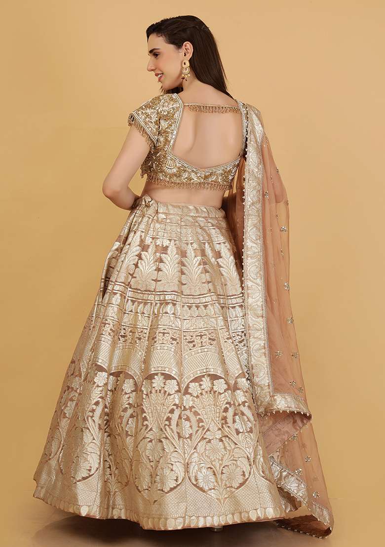 Mocha Brown Embroidery Organza Lehenga Set - Indya