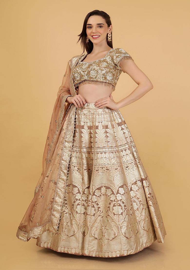 Mocha Brown Embroidery Organza Lehenga Set - Indya