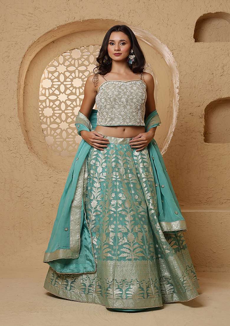 Sky Blue Pearl Work Organza Lehenga Set - Indya