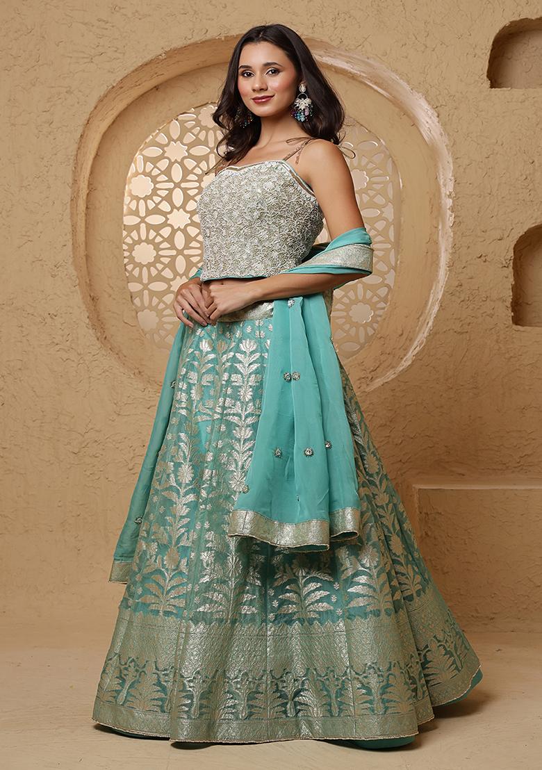 Sky Blue Pearl Work Organza Lehenga Set - Indya