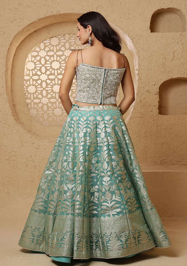 Sky Blue Pearl Work Organza Lehenga Set - Indya