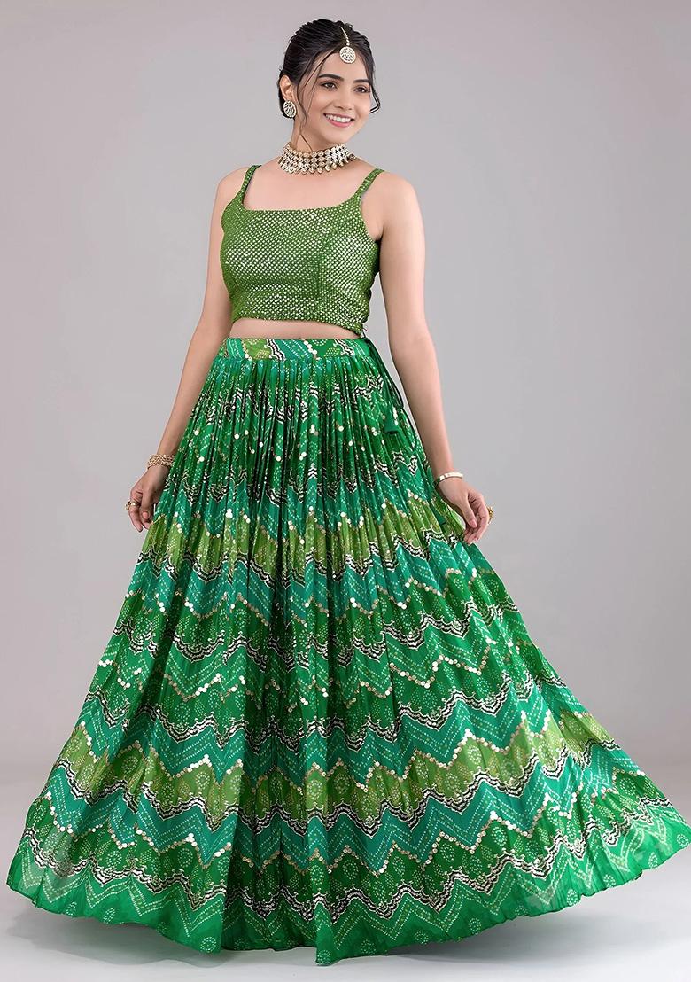 Green Sequins Georgette Lehenga Set - Indya