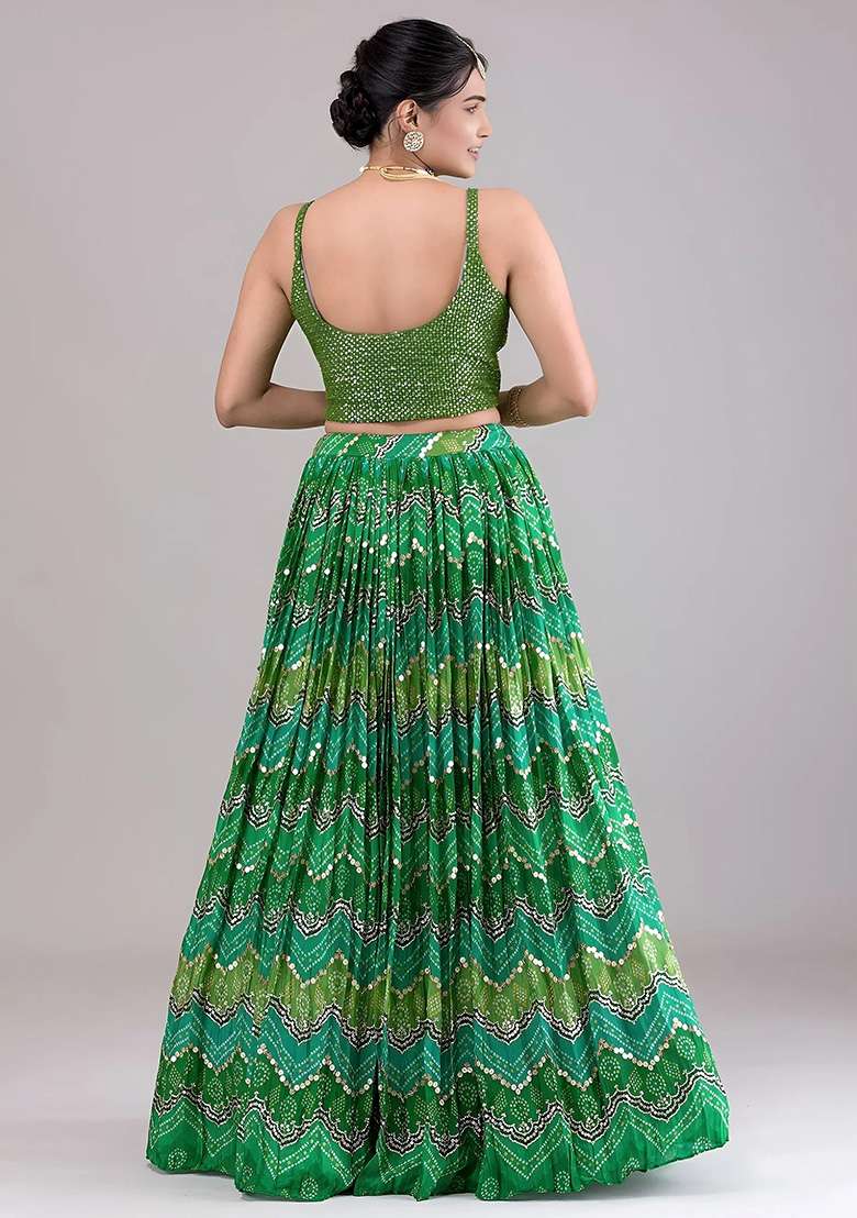 Green Sequins Georgette Lehenga Set for Diwali and Festive Wear - Indya