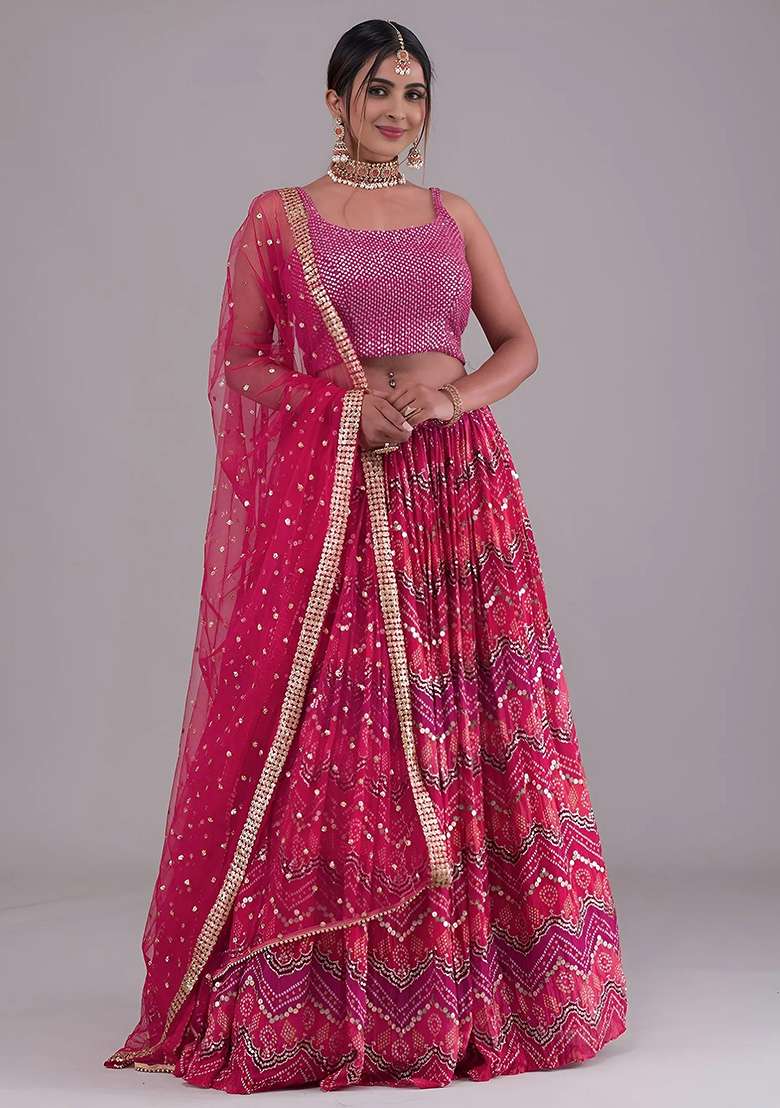 Pink Sequins Georgette Lehenga Set for Diwali and Festive Wear - Indya