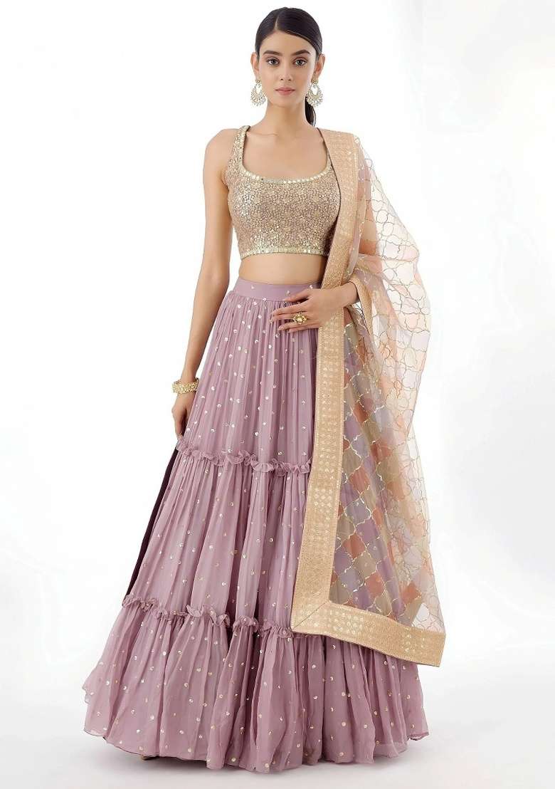 Pink Georgette Lehenga Set with Sequins for Diwali | Wedding & Festive Wear - Indya