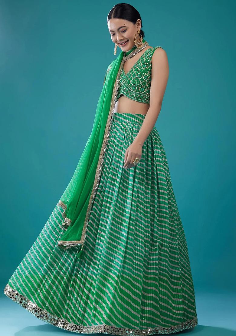 Green Embroidery Organza Lehenga Set - Indya