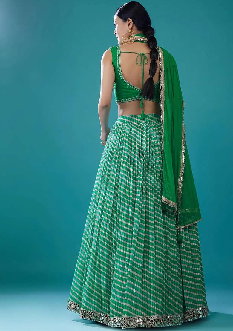 Green Embroidery Organza Lehenga Set for Diwali and Festive Wear - Indya