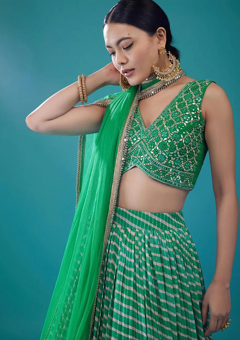 Green Embroidery Organza Lehenga Set - Indya