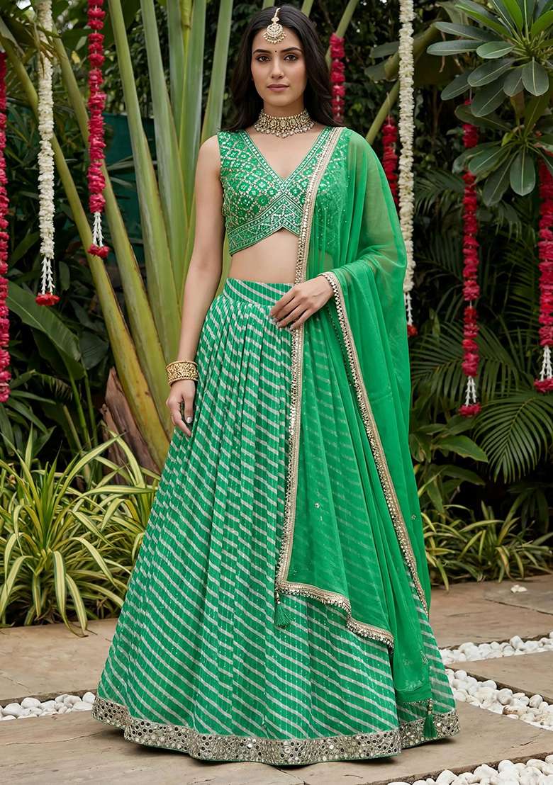 Green Organza Lehenga Set with Mirror Work for Diwali | Wedding & Festive Wear - Indya