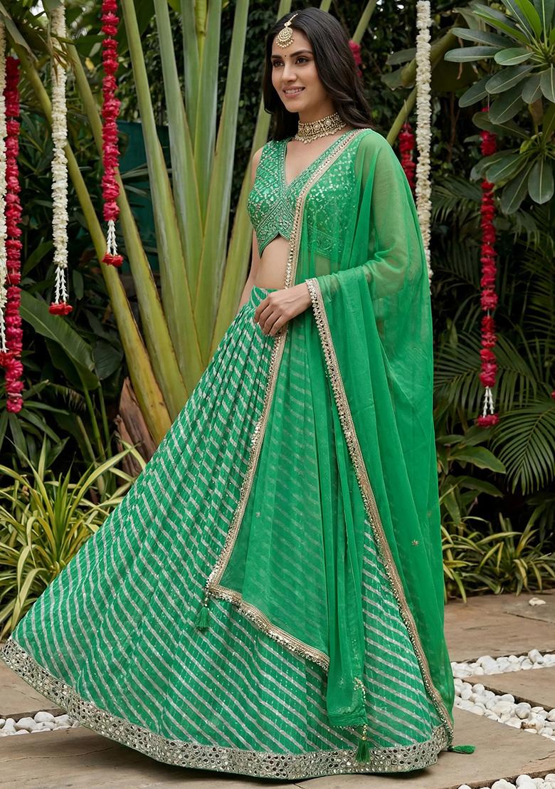 Green Mirror Work Organza Lehenga Set - Indya