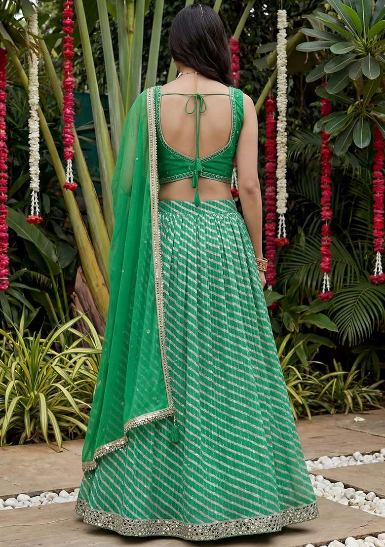 Green Organza Lehenga Set with Mirror Work for Diwali | Wedding & Festive Wear - Indya