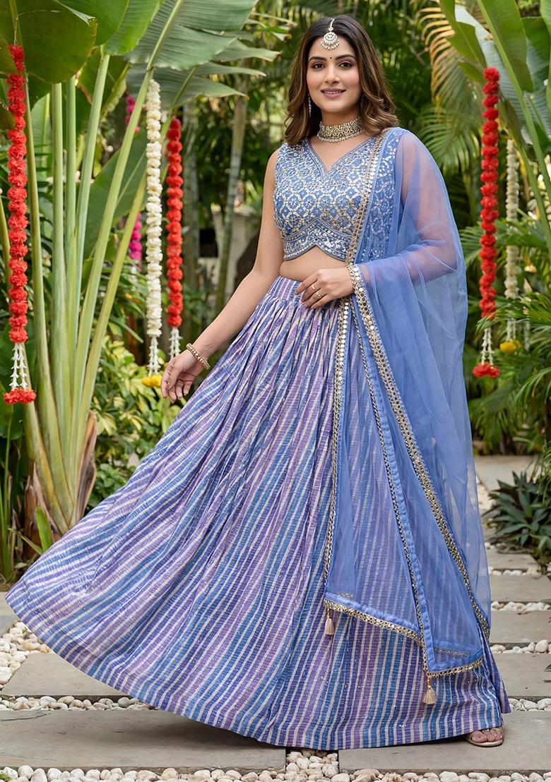 Lavender Mirror Work Organza Lehenga Set - Indya