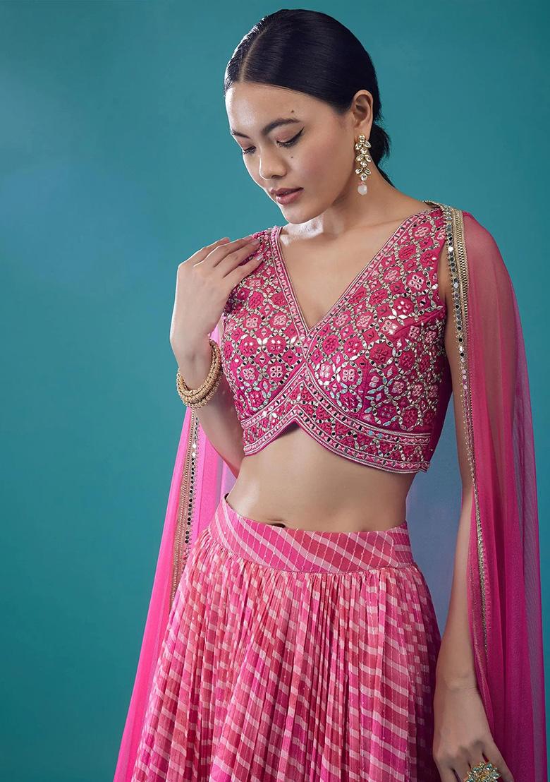 Pink Embroidery Organza Lehenga Set - Indya