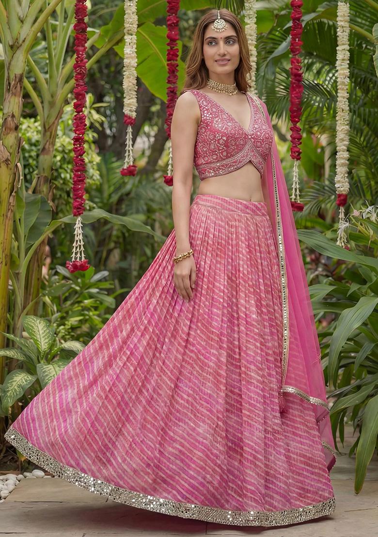 Pink Mirror Work Organza Lehenga Set - Indya