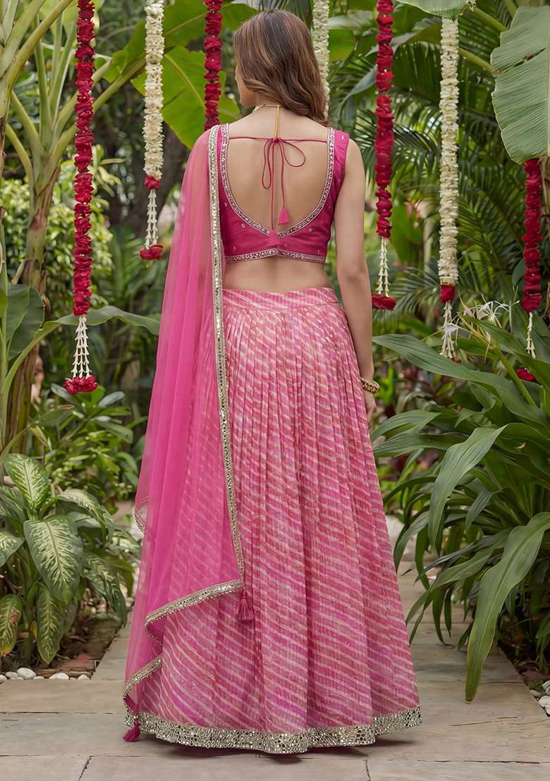 Pink Mirror Work Organza Lehenga Set for Diwali and Festive Wear - Indya