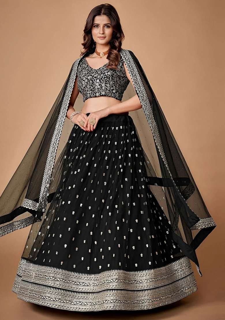 Black Embroidery Net Lehenga Set for Diwali and Festive Wear - Indya