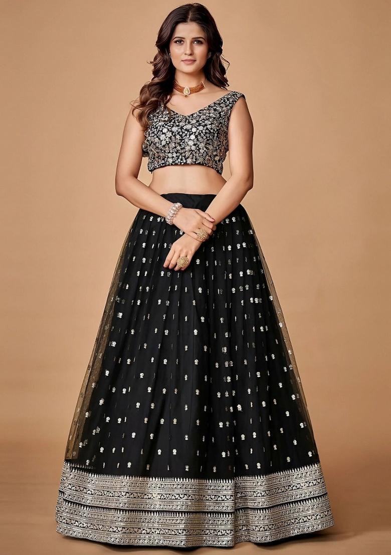 Black Embroidery Net Lehenga Set - Indya