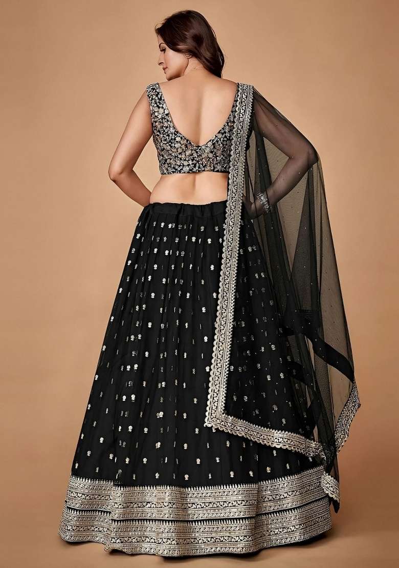 Black Embroidery Net Lehenga Set for Diwali and Festive Wear - Indya