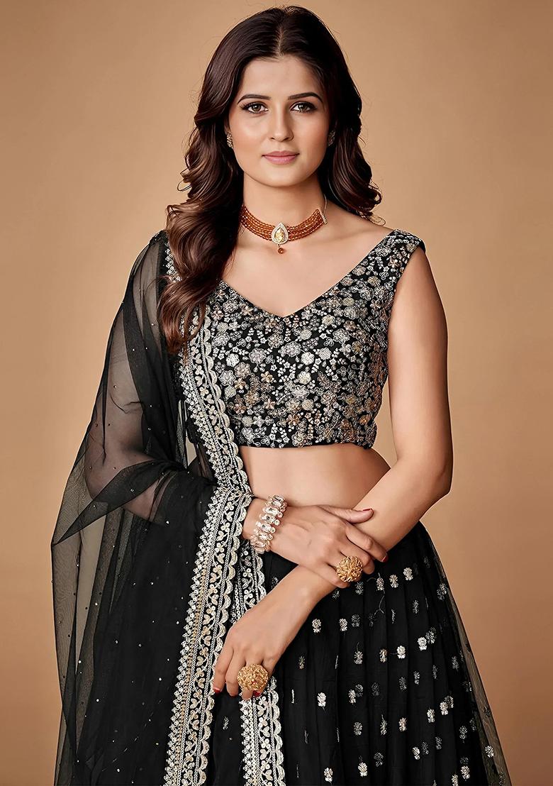 Black Embroidery Net Lehenga Set - Indya