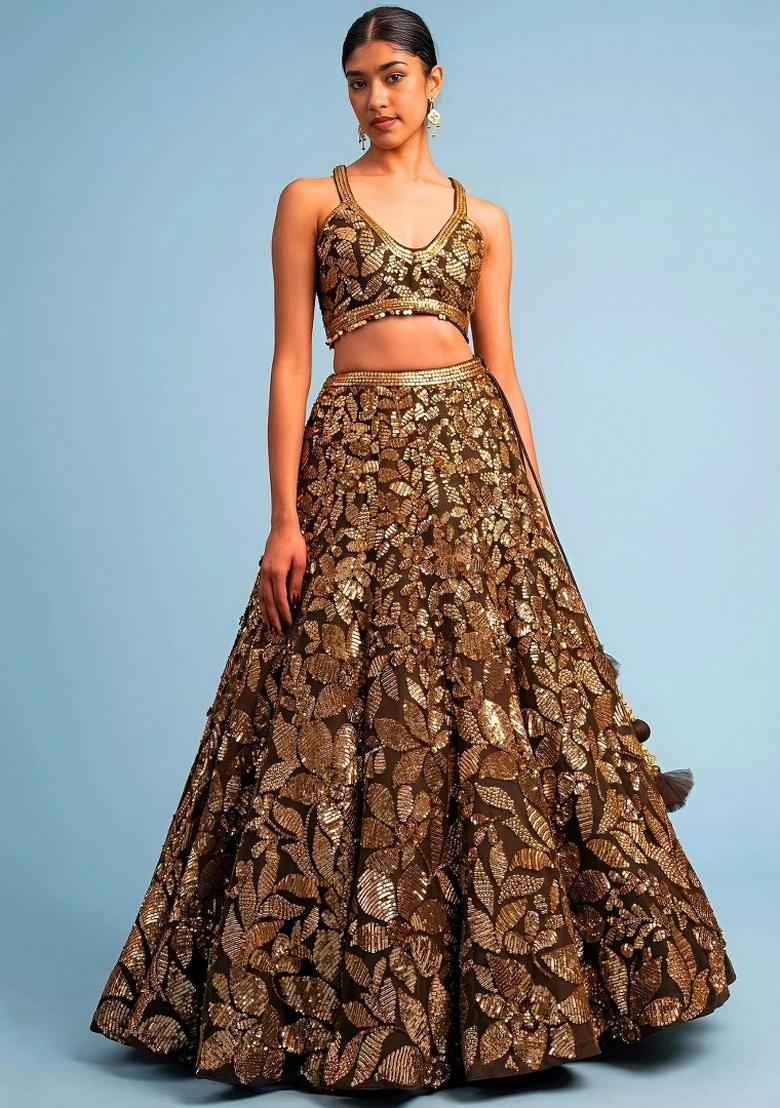 Brown Embroidery Net Lehenga Set - Indya