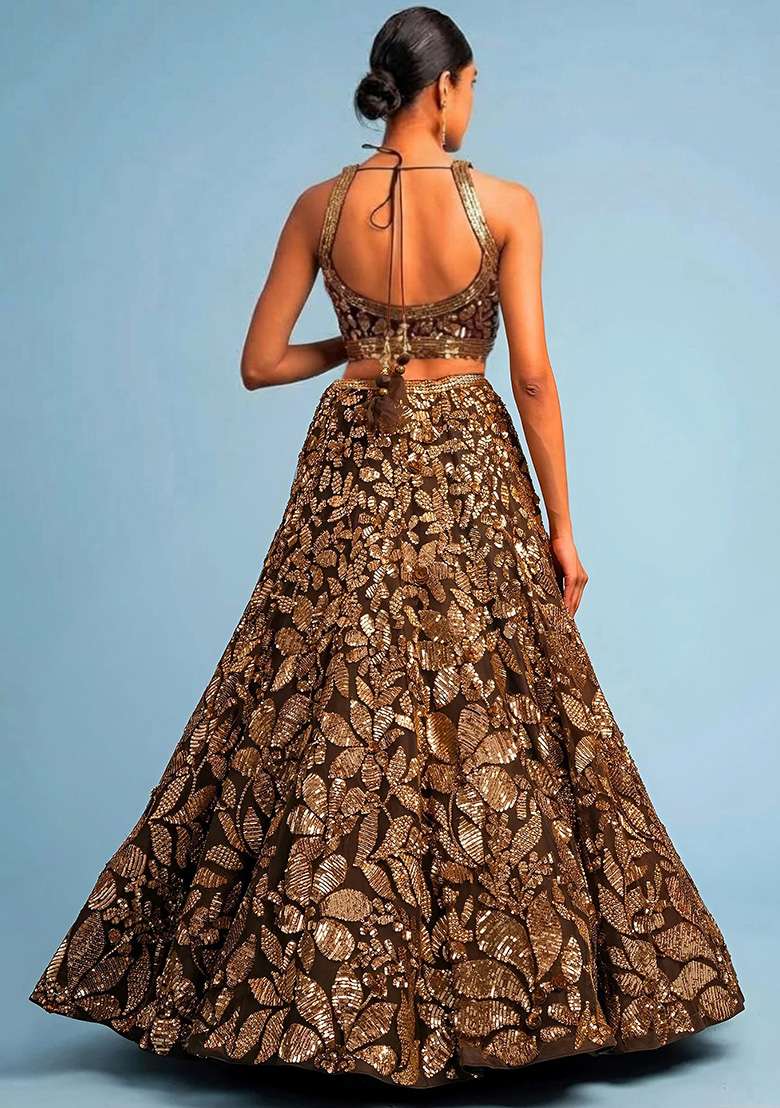 Brown Embroidery Net Lehenga Set for Diwali and Festive Wear - Indya