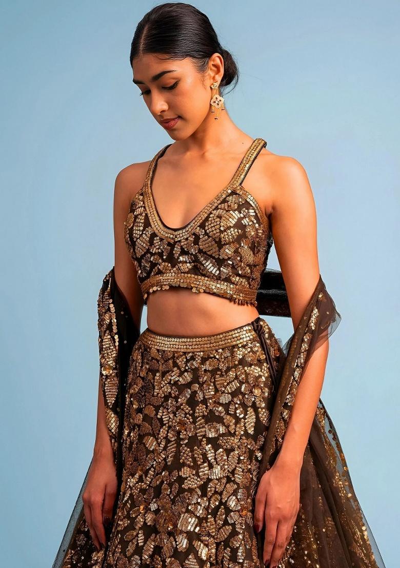 Brown Embroidery Net Lehenga Set - Indya
