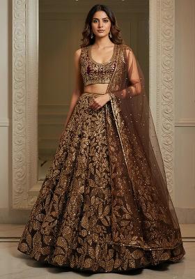 Brown Embroidery Net Lehenga Set