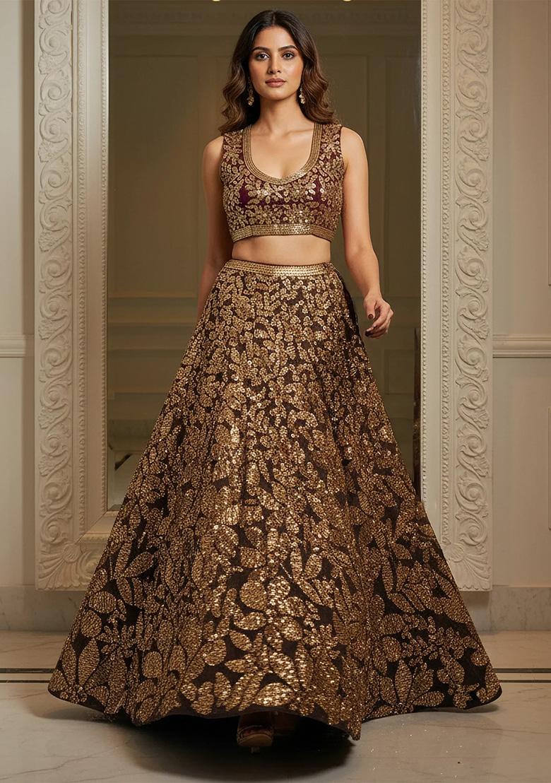 Brown Embroidery Net Lehenga Set - Indya