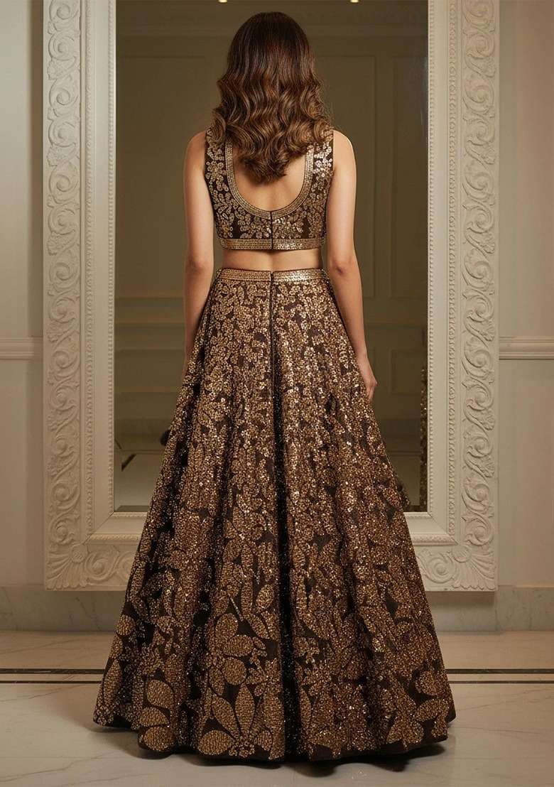 Brown Net Lehenga Set with Embroidery for Diwali | Wedding & Festive Wear - Indya