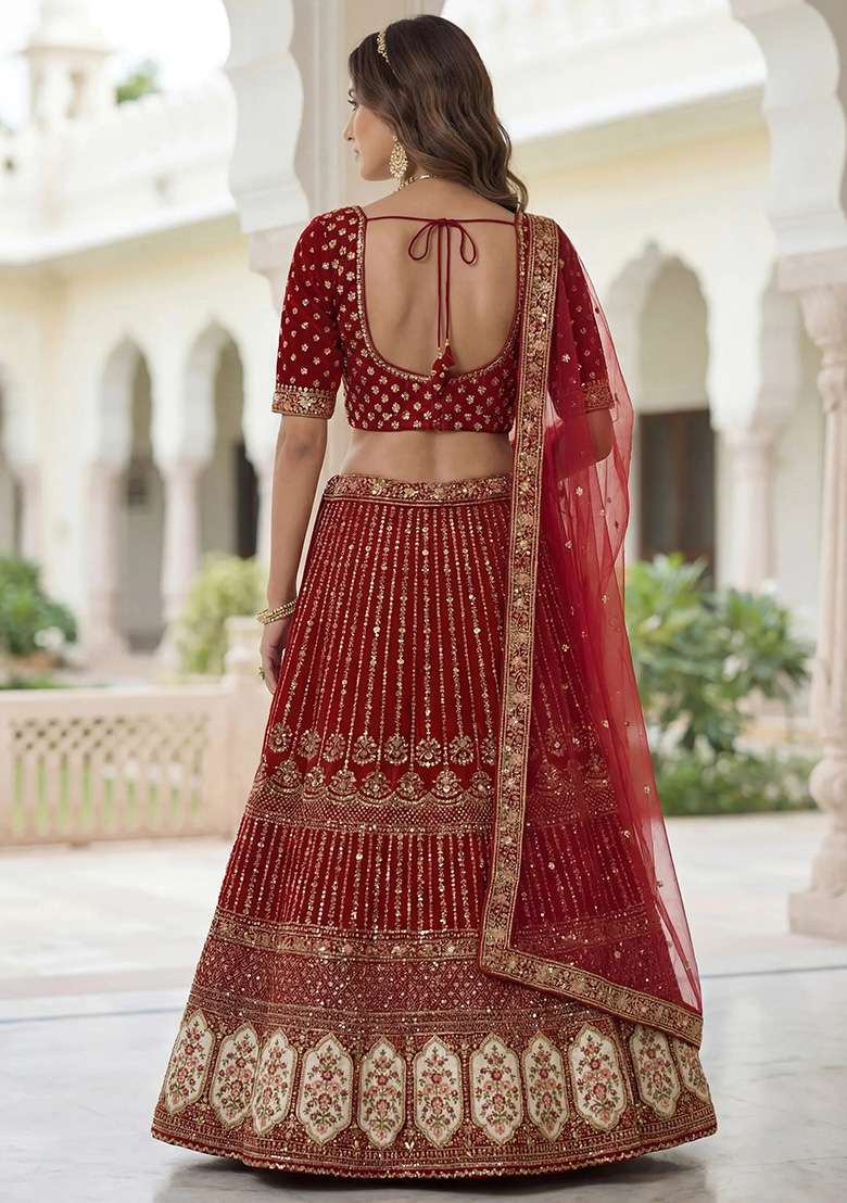 Maroon Organza Lehenga Set with Embroidery for Diwali | Wedding & Festive Wear - Indya