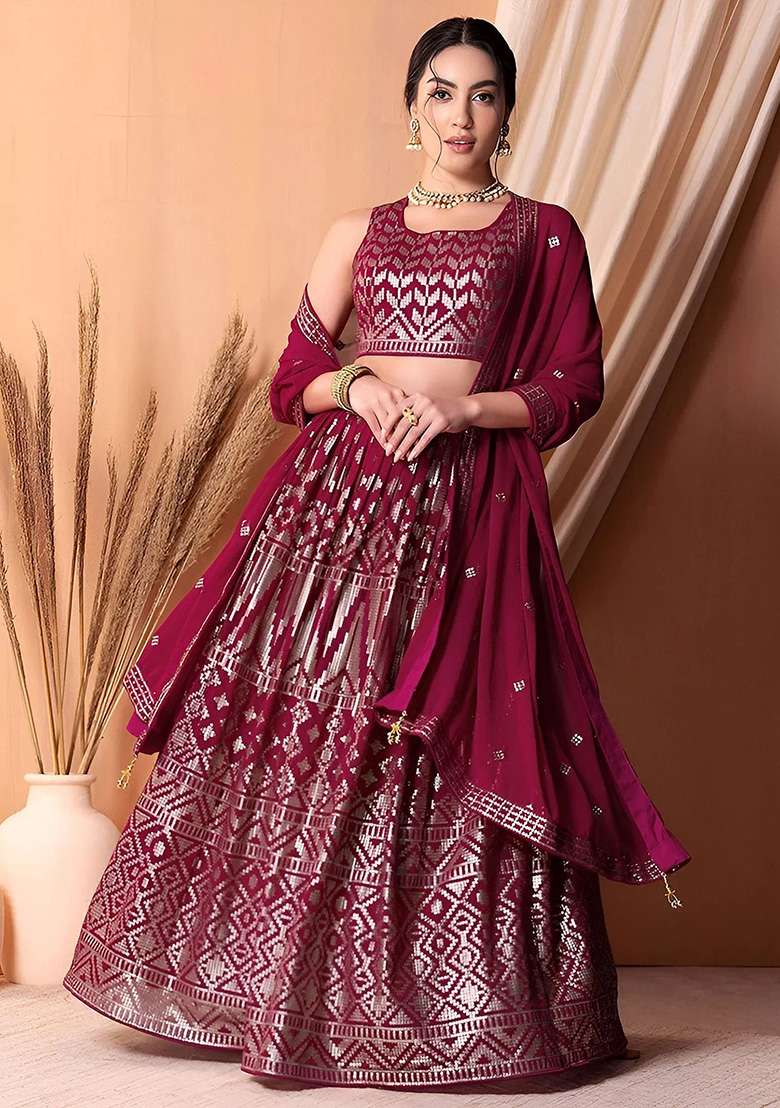 Pink Embroidery Georgette Lehenga Set for Diwali and Festive Wear - Indya
