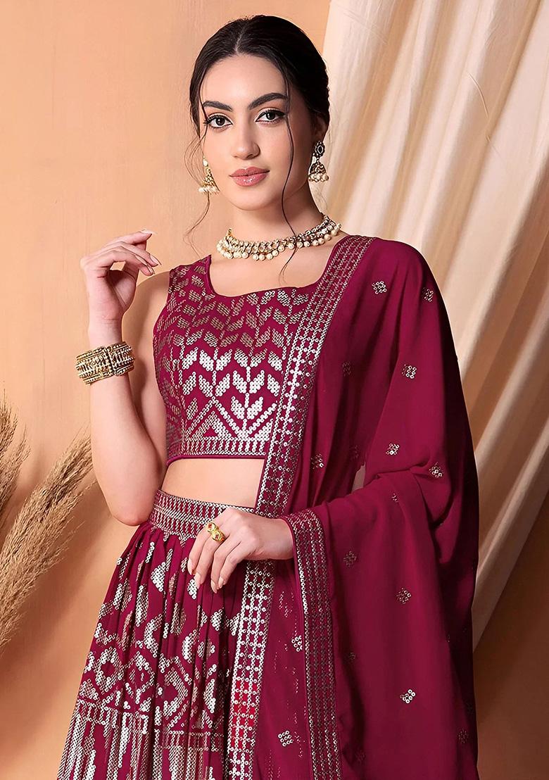 Pink Embroidery Georgette Lehenga Set - Indya