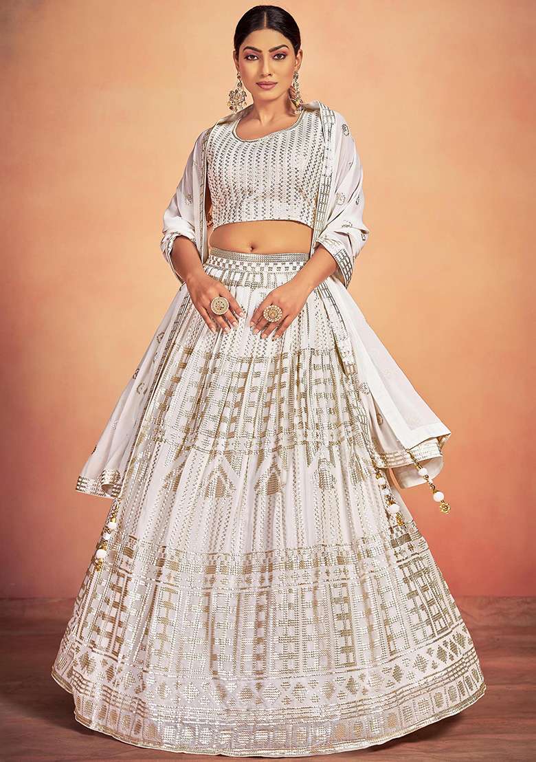 White Embroidery Georgette Lehenga Set for Diwali and Festive Wear - Indya