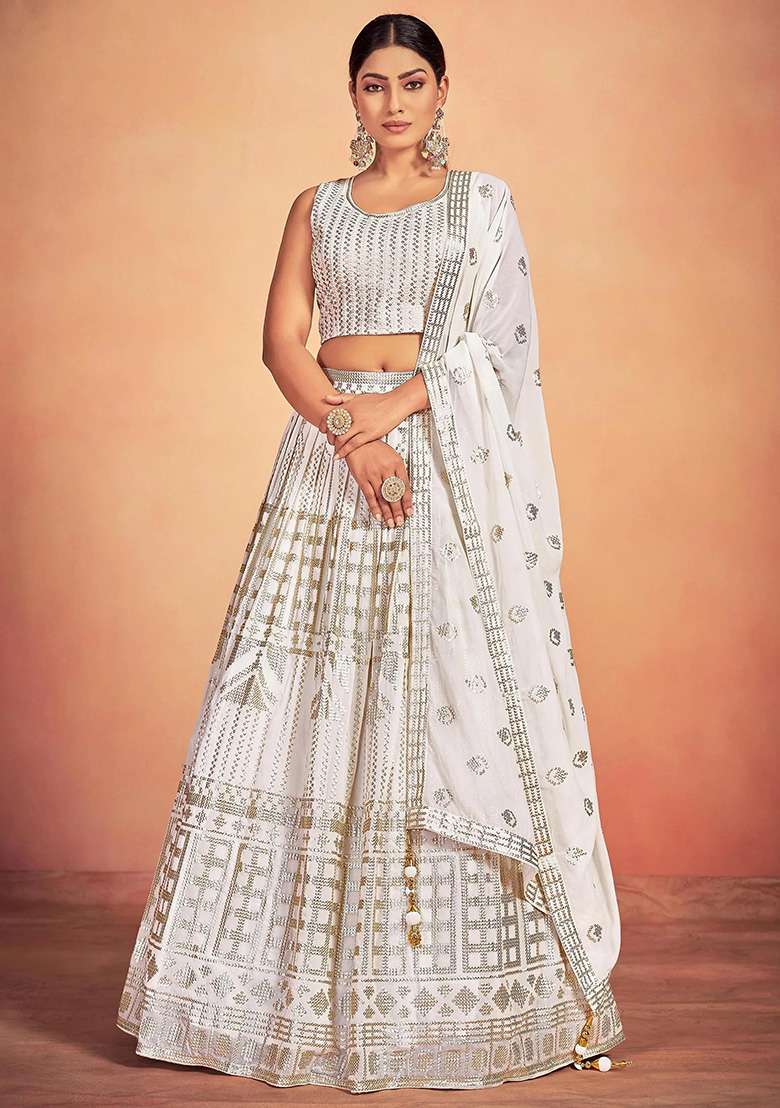 White Embroidery Georgette Lehenga Set for Diwali and Festive Wear - Indya